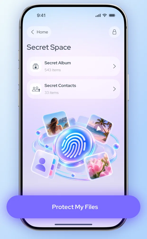 Secret Space screen with Secret Album and Secret Contacts